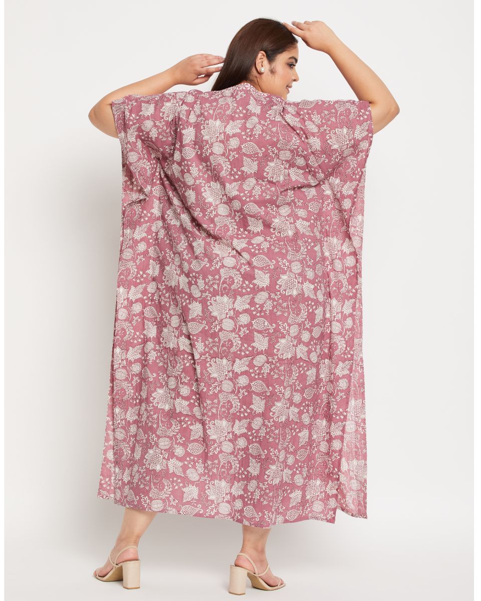 Floral Printed Rust Cotton Border Kaftan Plus Size Dress For Women