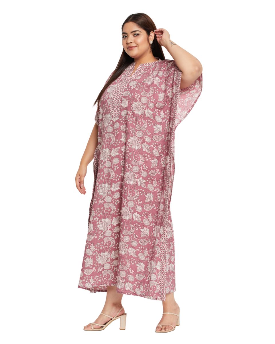 Floral Printed Rust Cotton Border Kaftan Plus Size Dress For Women