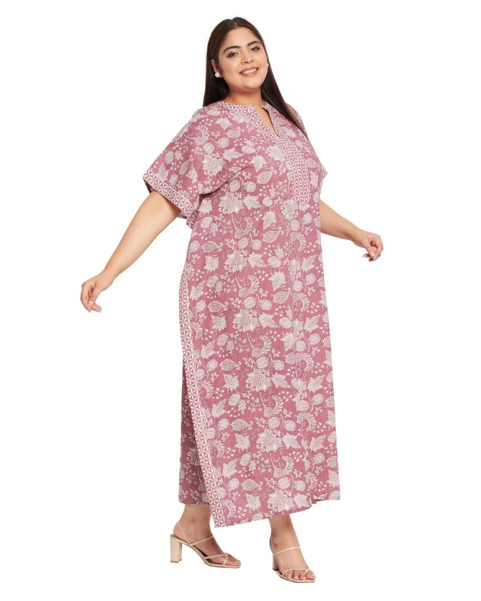 Floral Printed Rust Cotton Border Kaftan Plus Size Dress For Women