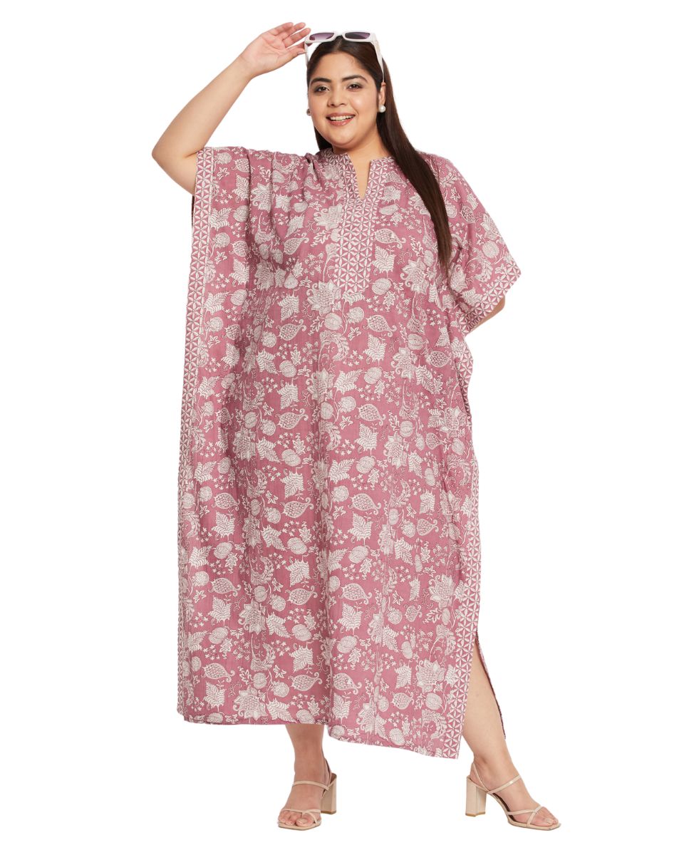 Floral Printed RUST Cotton Border Kaftan Dress for Women