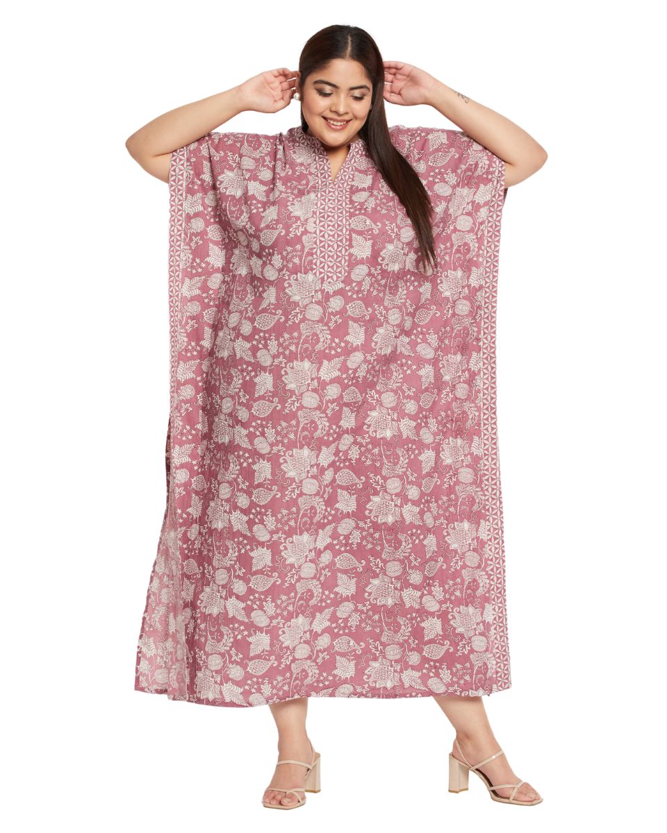 Floral Printed Rust Cotton Border Kaftan Plus Size Dress For Women