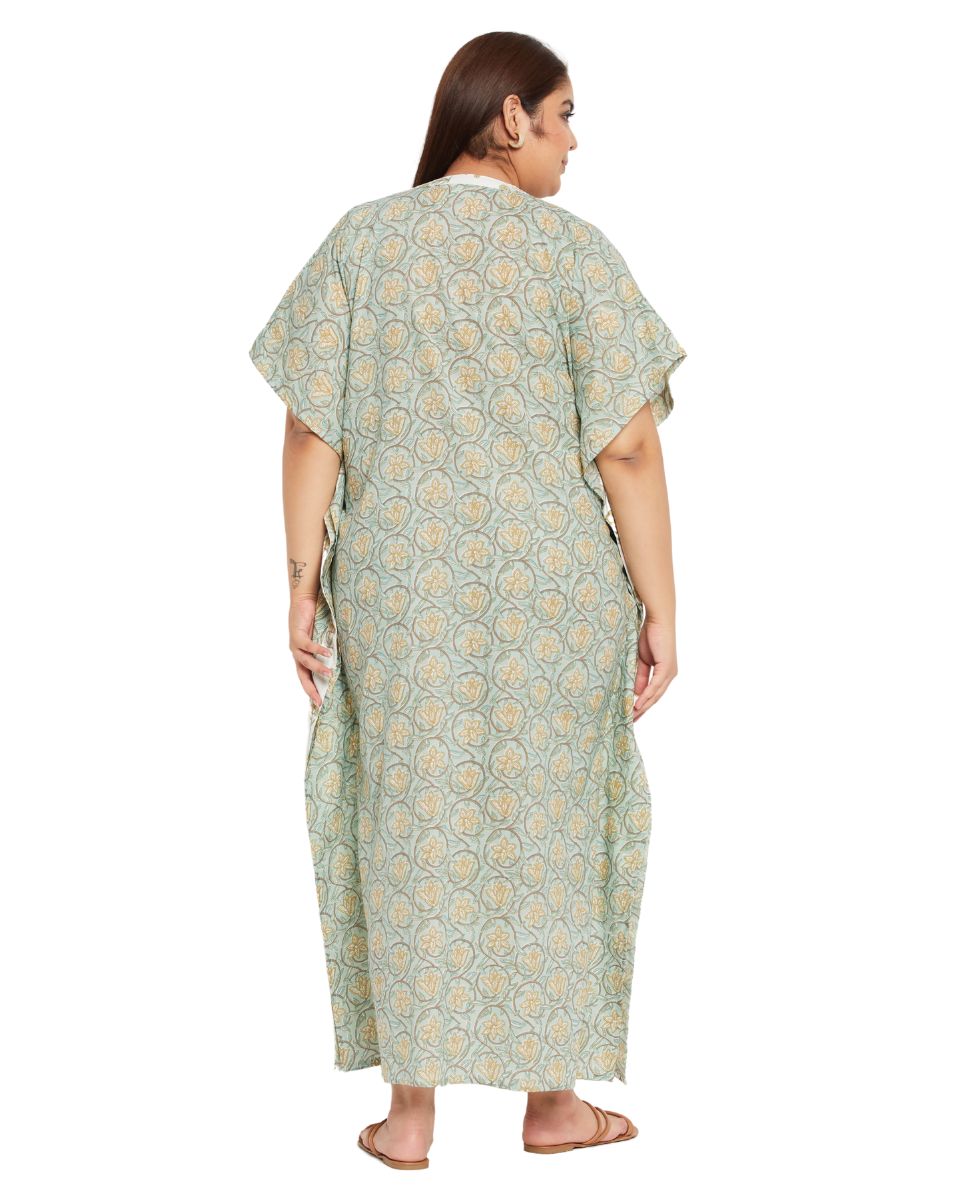 Floral Printed SEA GREEN Cotton Border Kaftan Dress For Plus Size Women