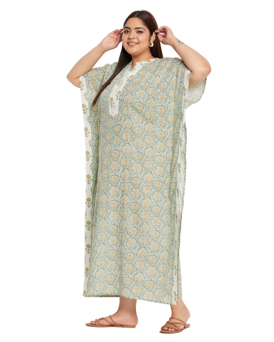 Floral Printed SEA GREEN Cotton Border Kaftan Dress For Plus Size Women