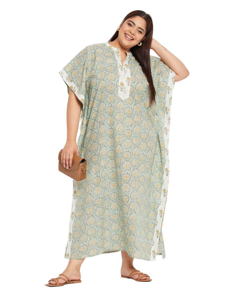 Floral Printed SEA GREEN Cotton Border Kaftan Dress For Plus Size Women