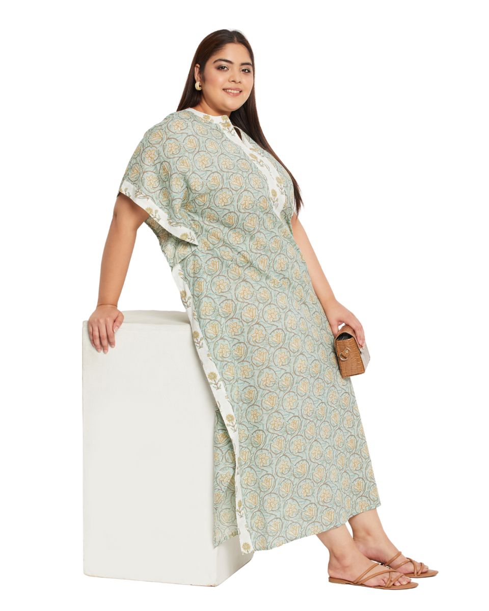 Floral Printed SEA GREEN Cotton Border Kaftan Dress For Plus Size Women