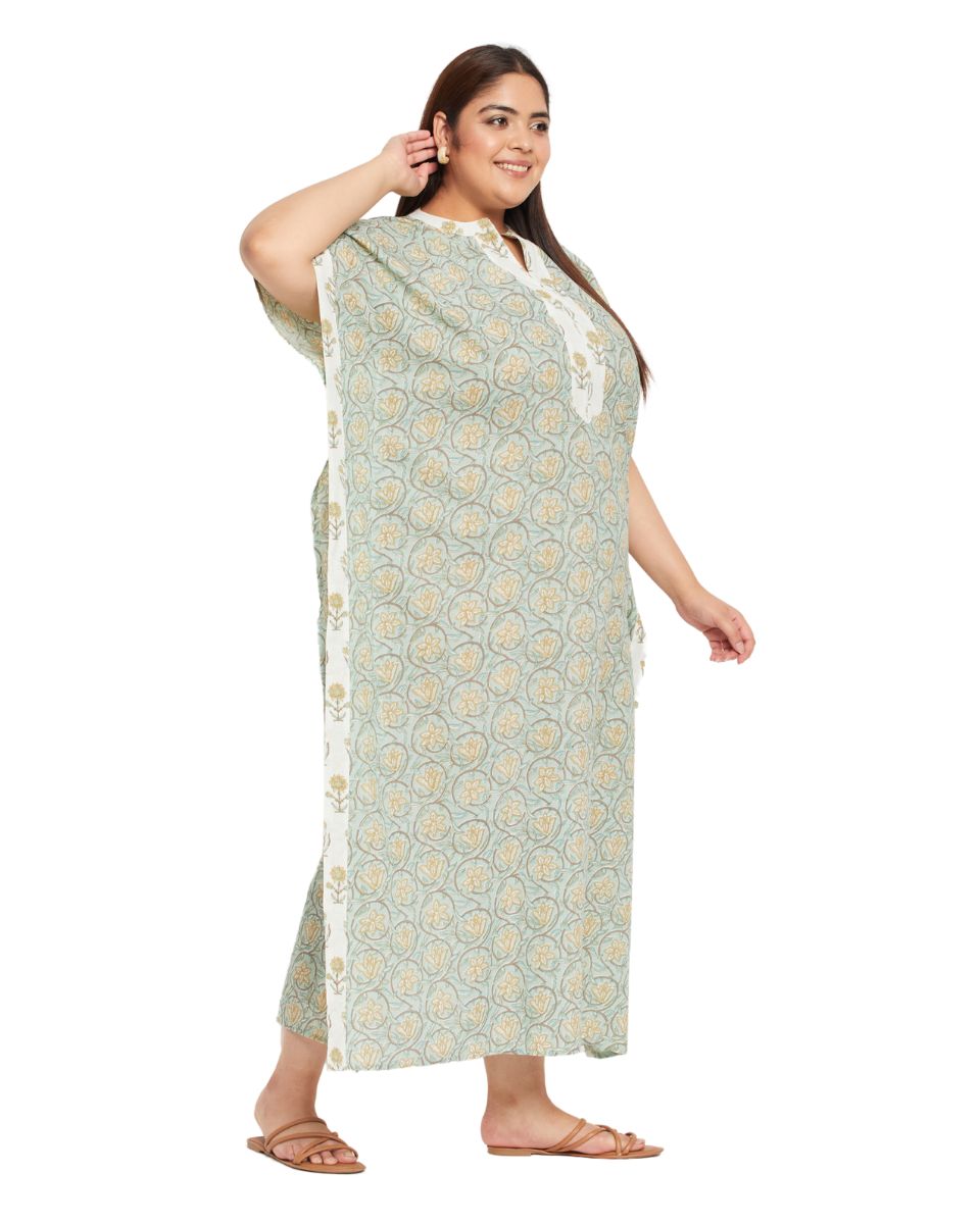 Floral Printed SEA GREEN Cotton Border Kaftan Dress For Plus Size Women