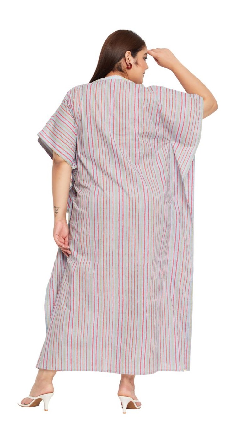 Women Plus Size Striped Printed Gray Cotton Border Kaftan - SKU KFT-1139-GRY - Gypsie Blu