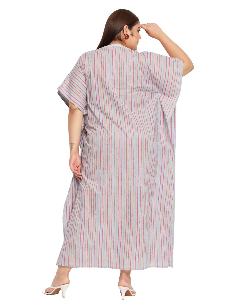 Women Plus Size Striped Printed Gray Cotton Border Kaftan