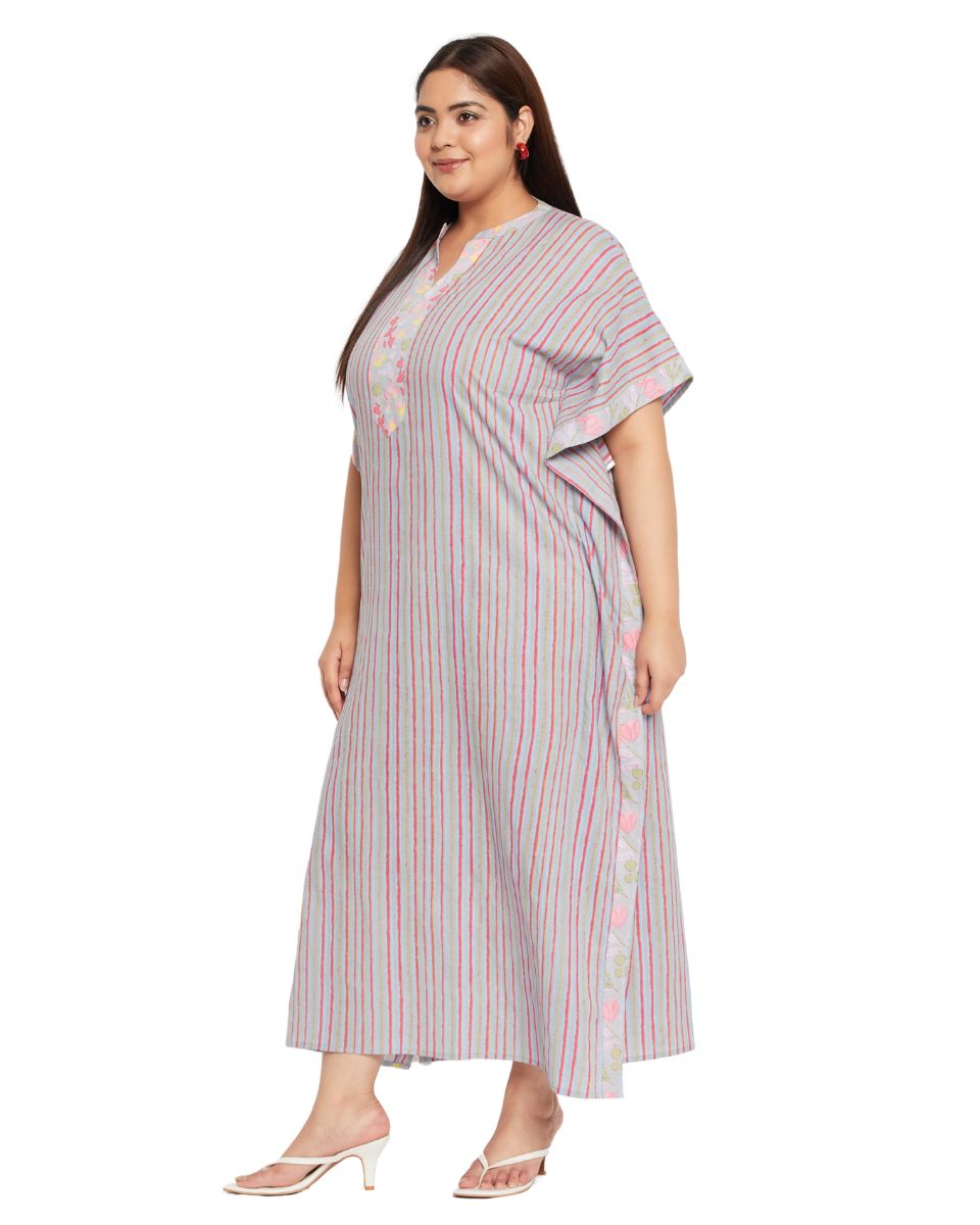 Women Plus Size Striped Printed Gray Cotton Border Kaftan