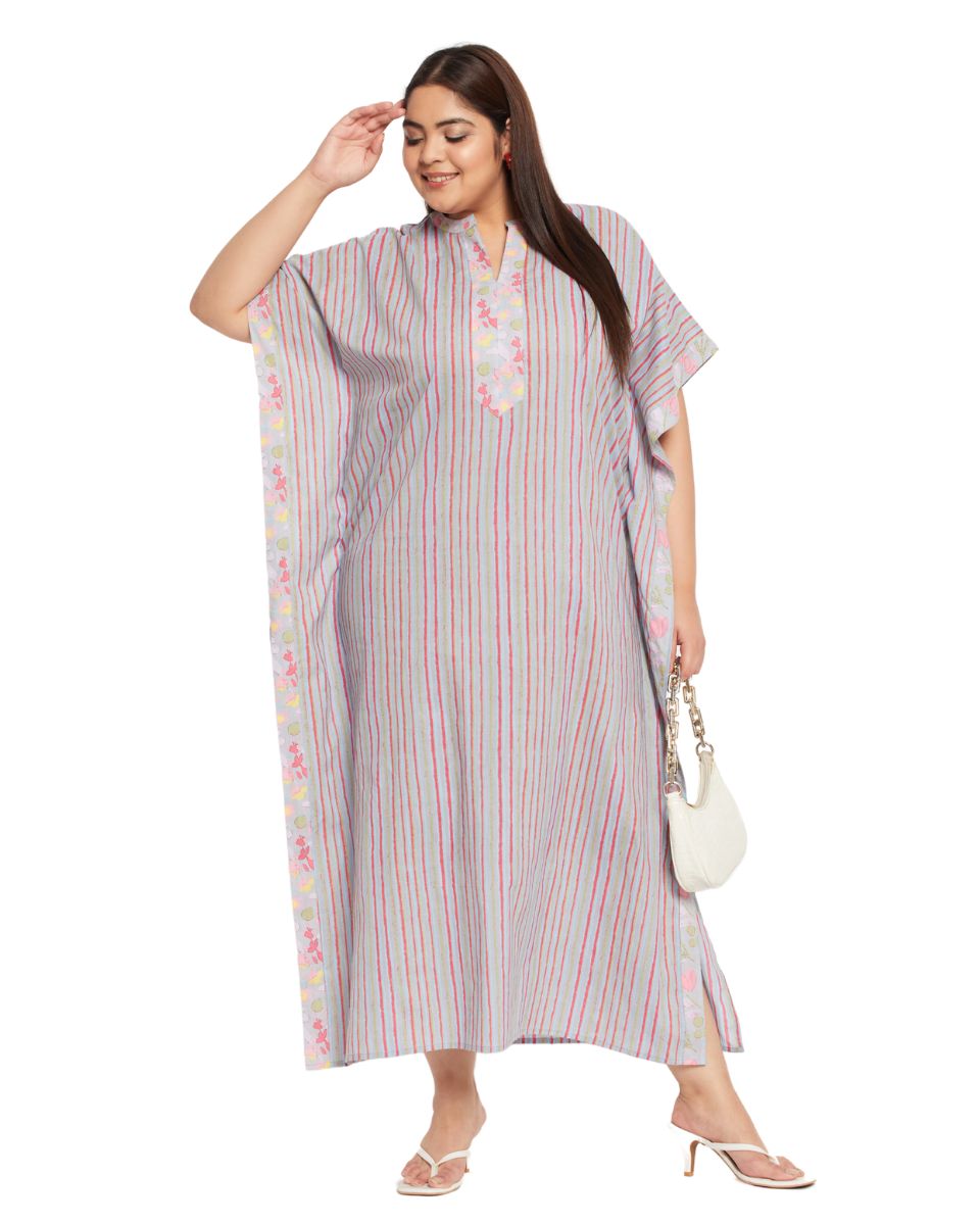 Women Plus Size Striped Printed Gray Cotton Border Kaftan