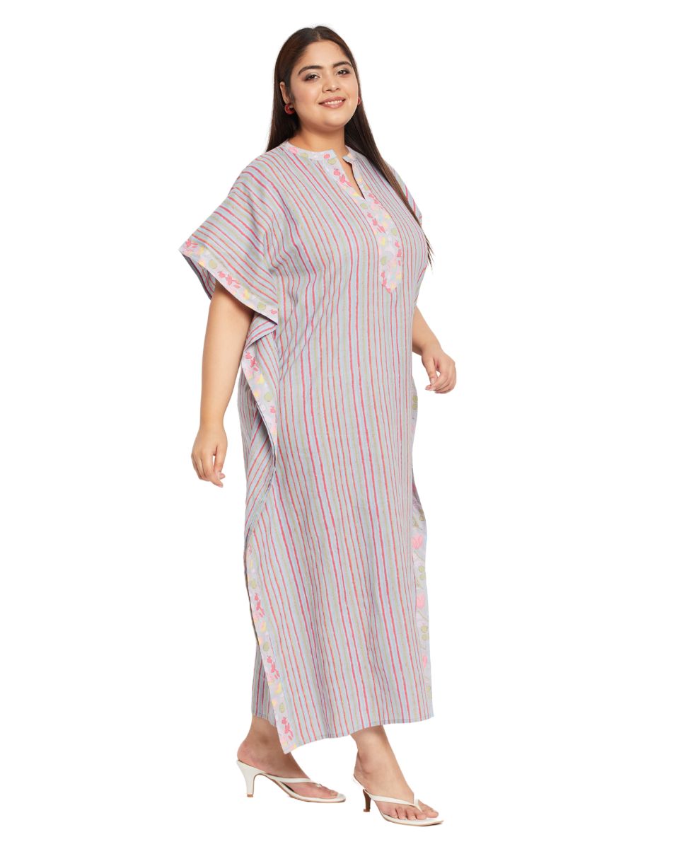 Women Plus Size Striped Printed Gray Cotton Border Kaftan