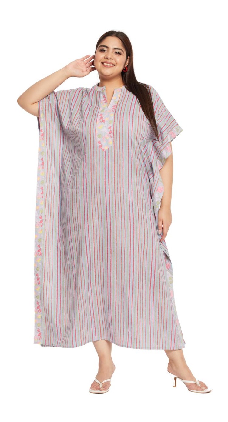Women Plus Size Striped Printed Gray Cotton Border Kaftan - SKU KFT-1139-GRY - Gypsie Blu