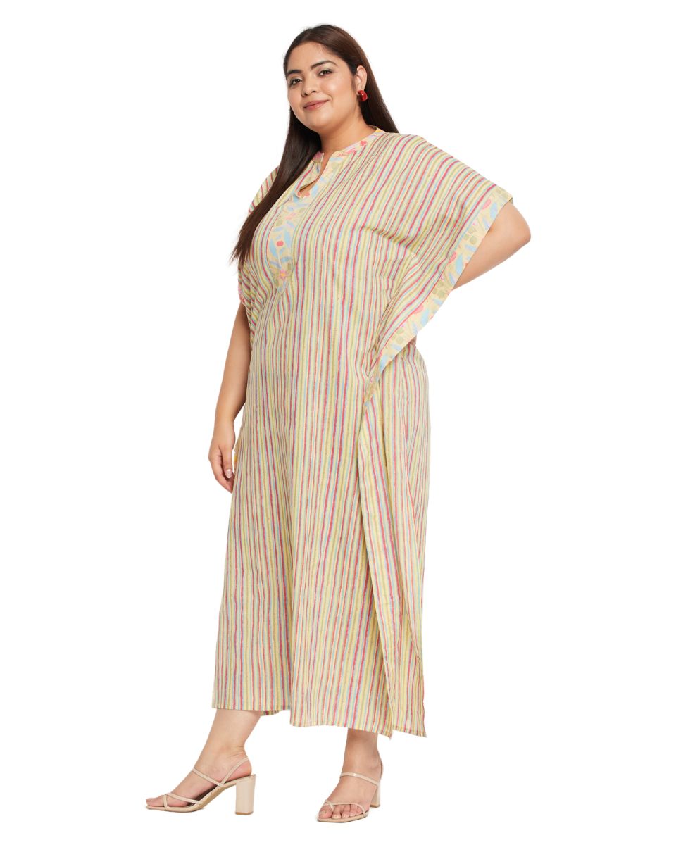 Yellow Striped Printed Cotton Border Kaftan For Plus Size Women