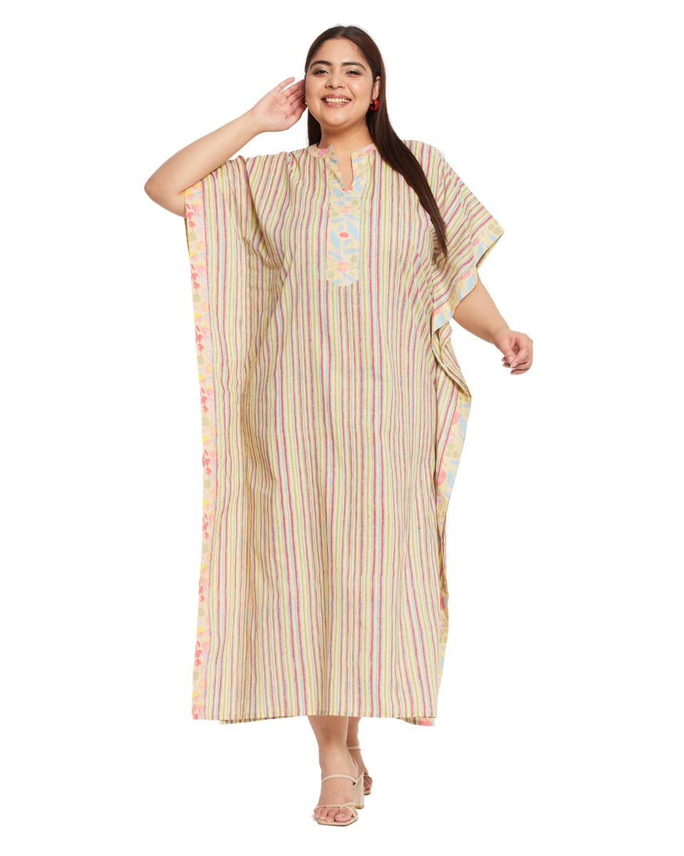 Striped Printed YELLOW Cotton Border Kaftan Dress for Women