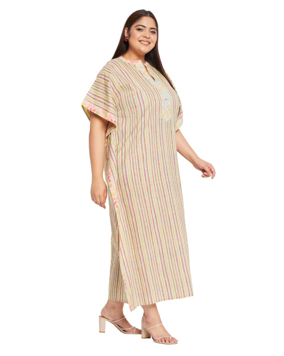 Yellow Striped Printed Cotton Border Kaftan For Plus Size Women