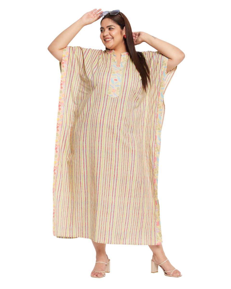 Yellow Striped Printed Cotton Border Kaftan For Plus Size Women