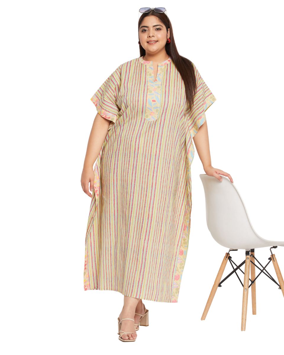 Yellow Striped Printed Cotton Border Kaftan For Plus Size Women