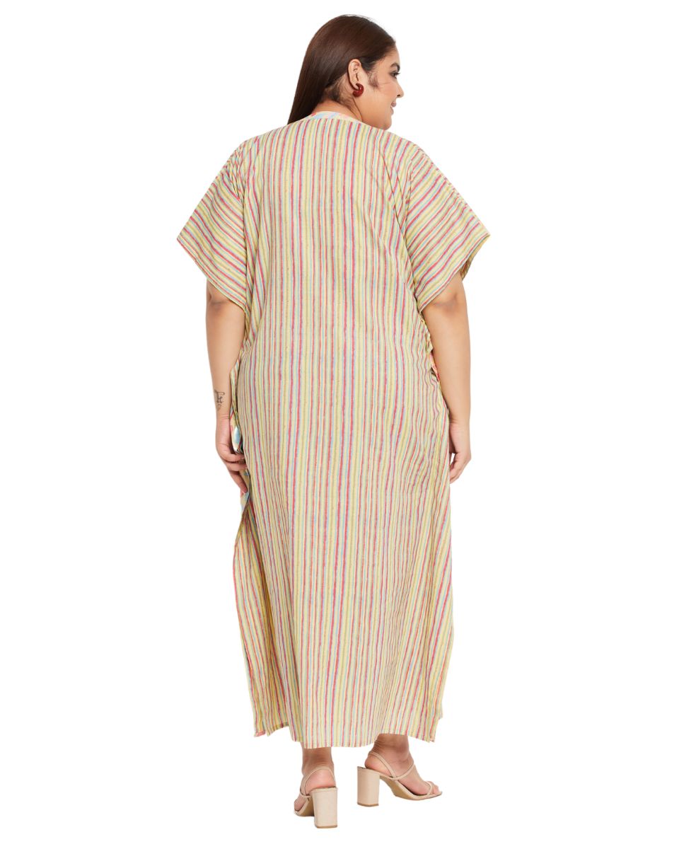 Yellow Striped Printed Cotton Border Kaftan For Plus Size Women