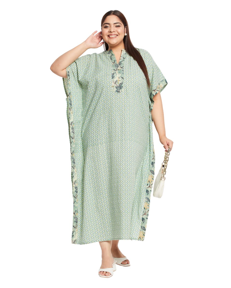 Floral Printed MOSS GREEN Cotton Border Kaftan Dress for Women