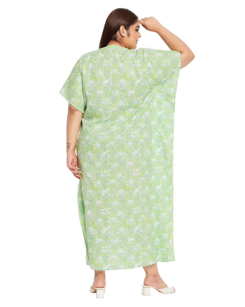 Floral Printed Neon Green Cotton Border Kaftan For Plus Size Women