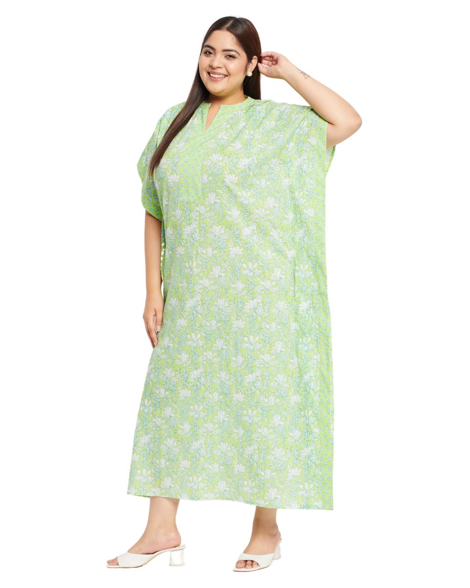 Floral Printed Neon Green Cotton Border Kaftan For Plus Size Women