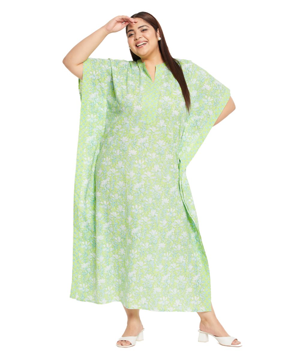 Floral Printed NEON GREEN Cotton Border Kaftan Dress for Women