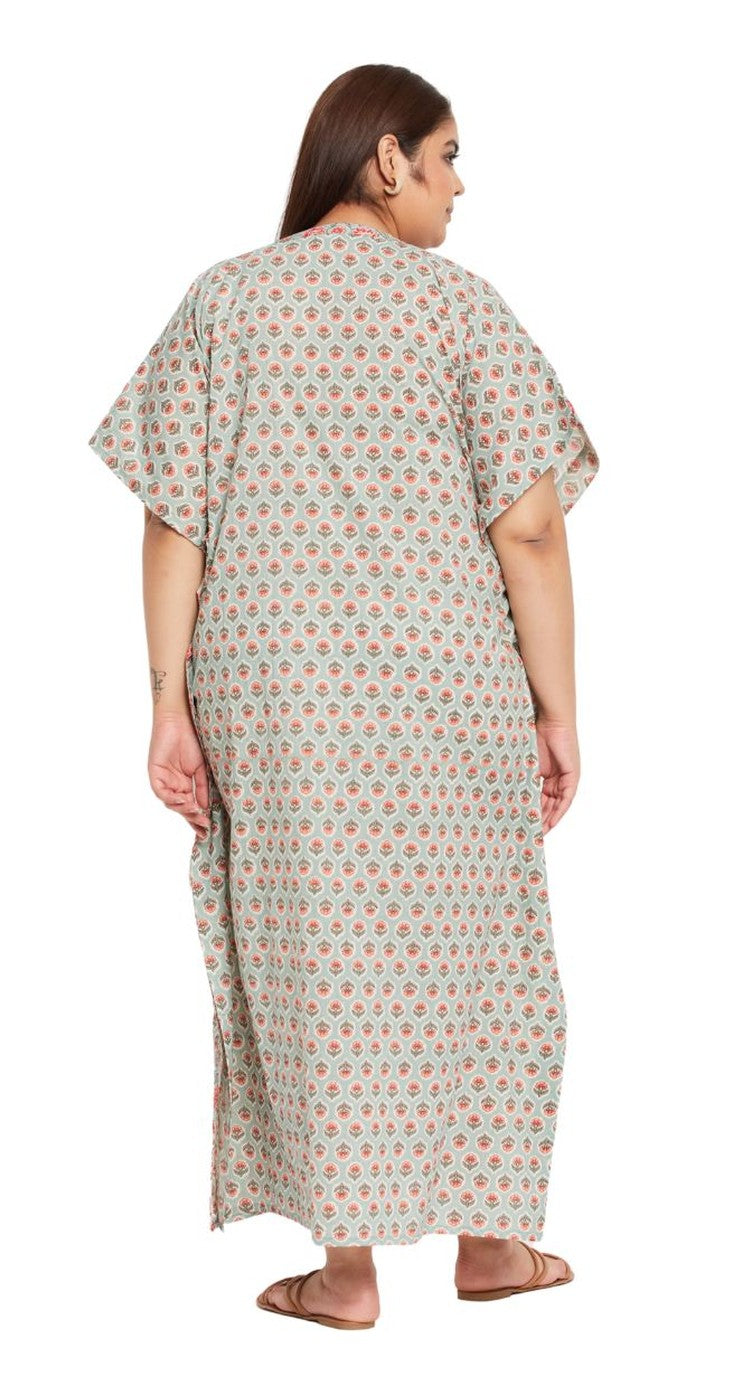 Floral Printed PISTA Green Cotton Beach Kaftan For Plus Size Women - SKU KFT-1129-PGRN - Gypsie Blu