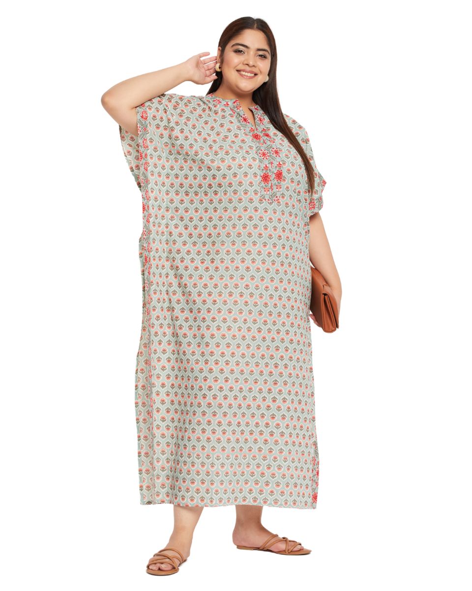 Floral Printed PISTA Green Cotton Border Kaftan For Plus Size Women