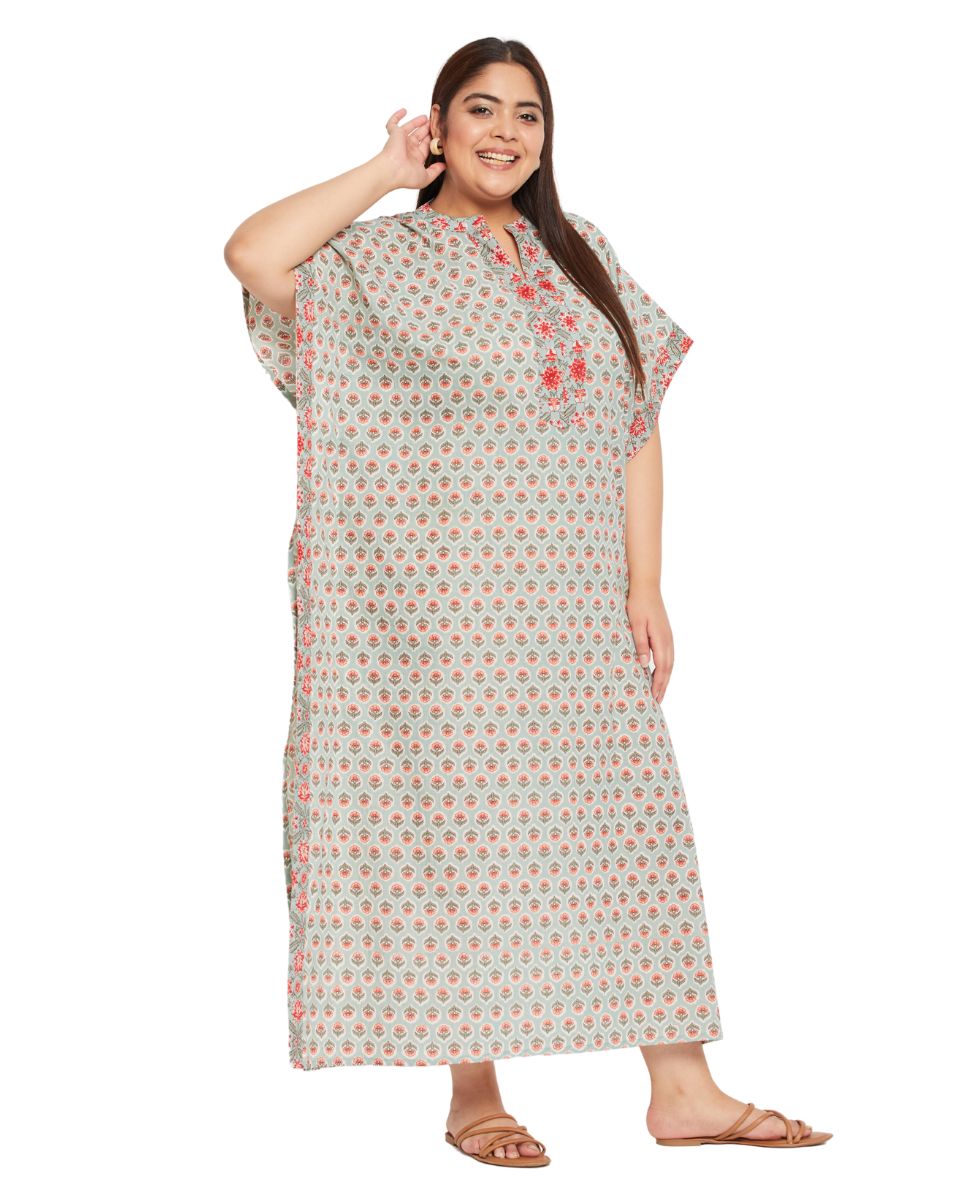 Floral Printed PISTA Green Cotton Border Kaftan For Plus Size Women