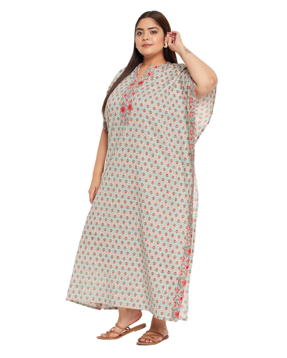 Floral Printed PISTA Green Cotton Border Kaftan For Plus Size Women