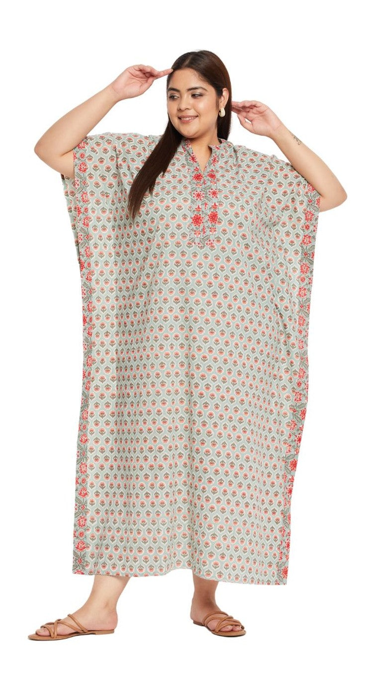 Floral Printed PISTA Green Cotton Beach Kaftan For Plus Size Women - SKU KFT-1129-PGRN - Gypsie Blu