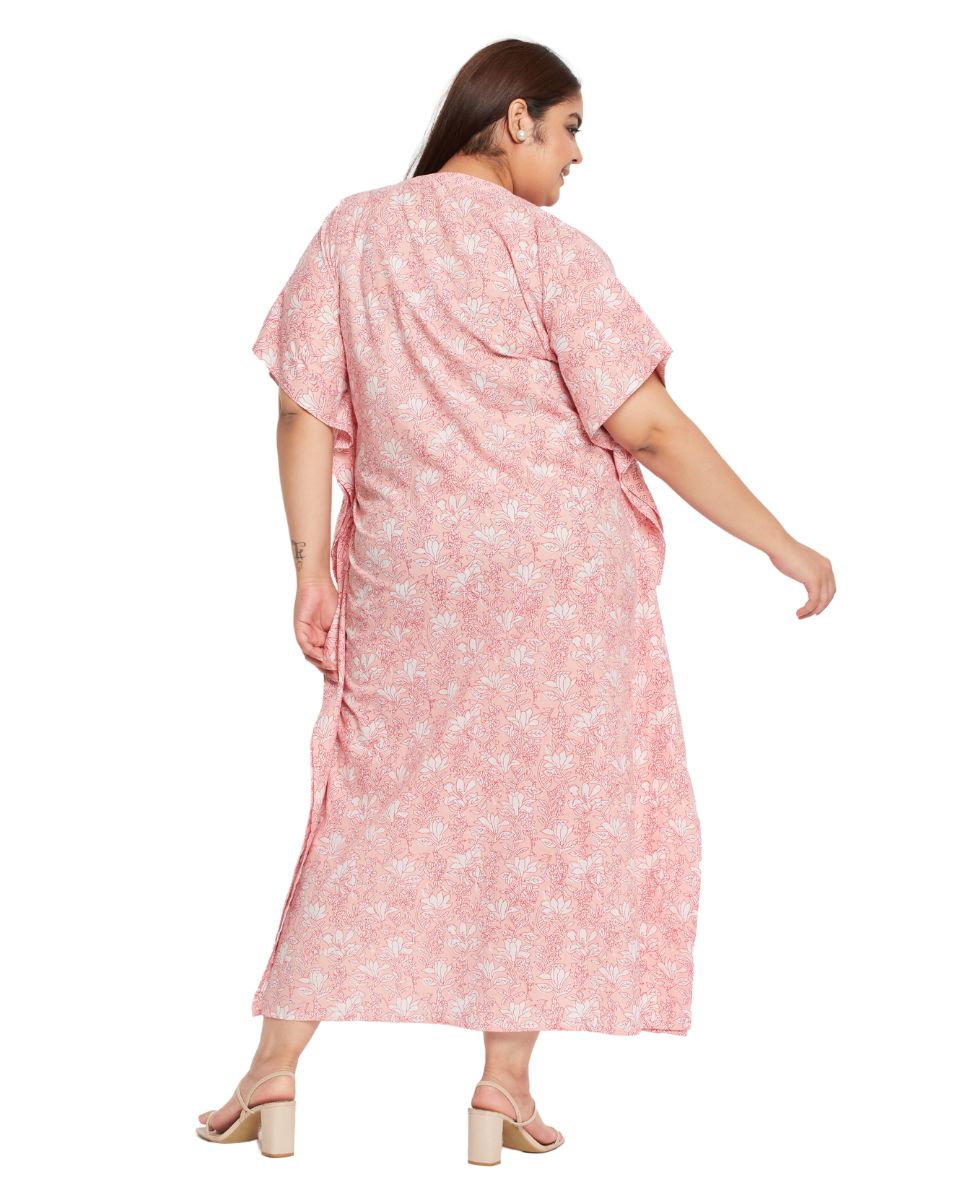 Floral Printed Pink Cotton Border Kaftan Plus Size Dress For Women