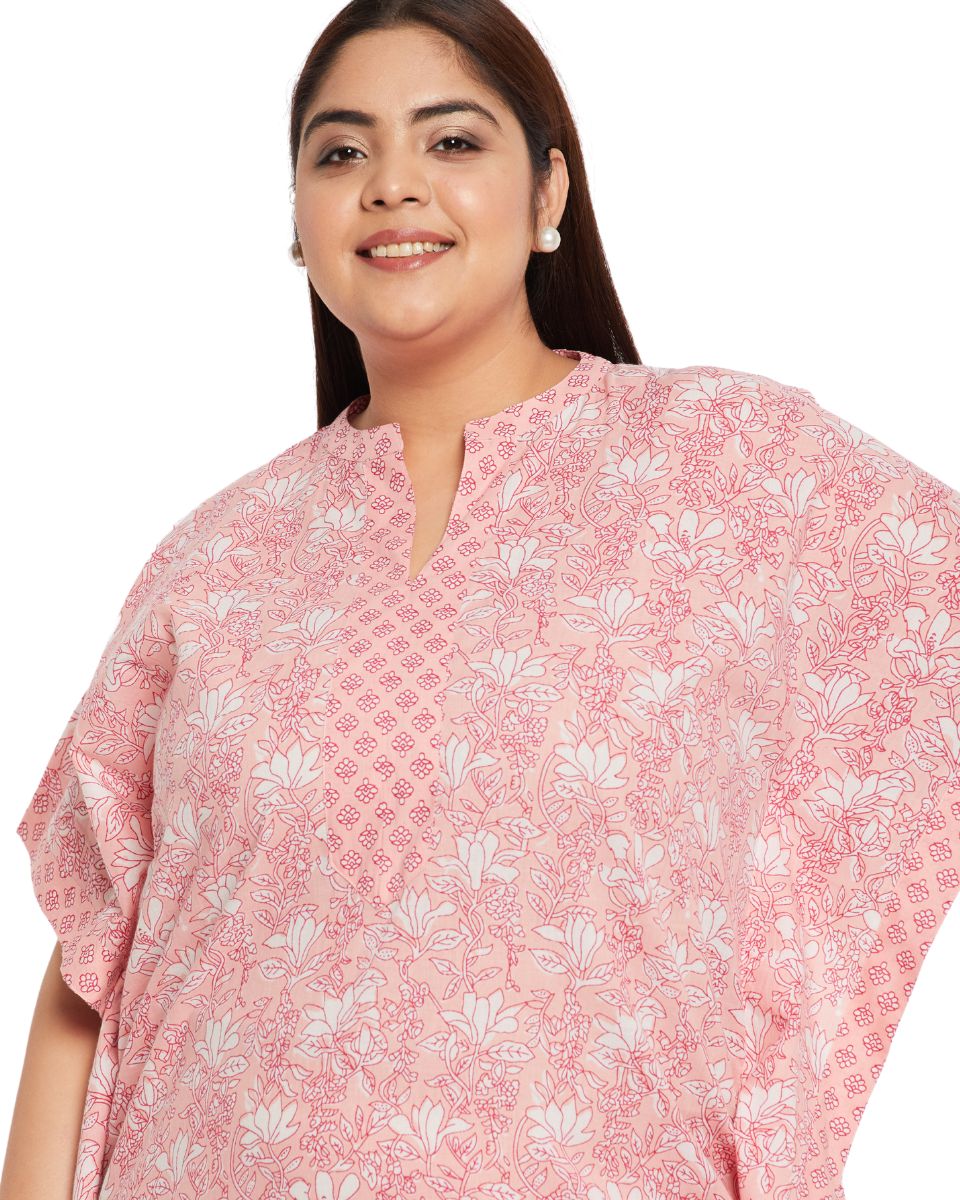 Floral Printed PINK Cotton Border Kaftan Dress for Women