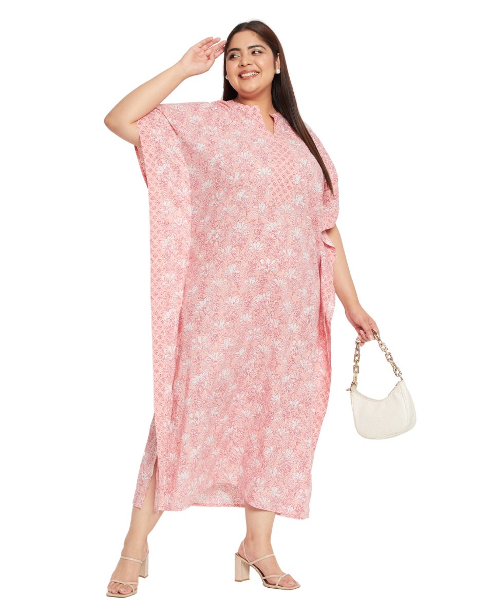 Floral Printed Pink Cotton Border Kaftan Plus Size Dress For Women