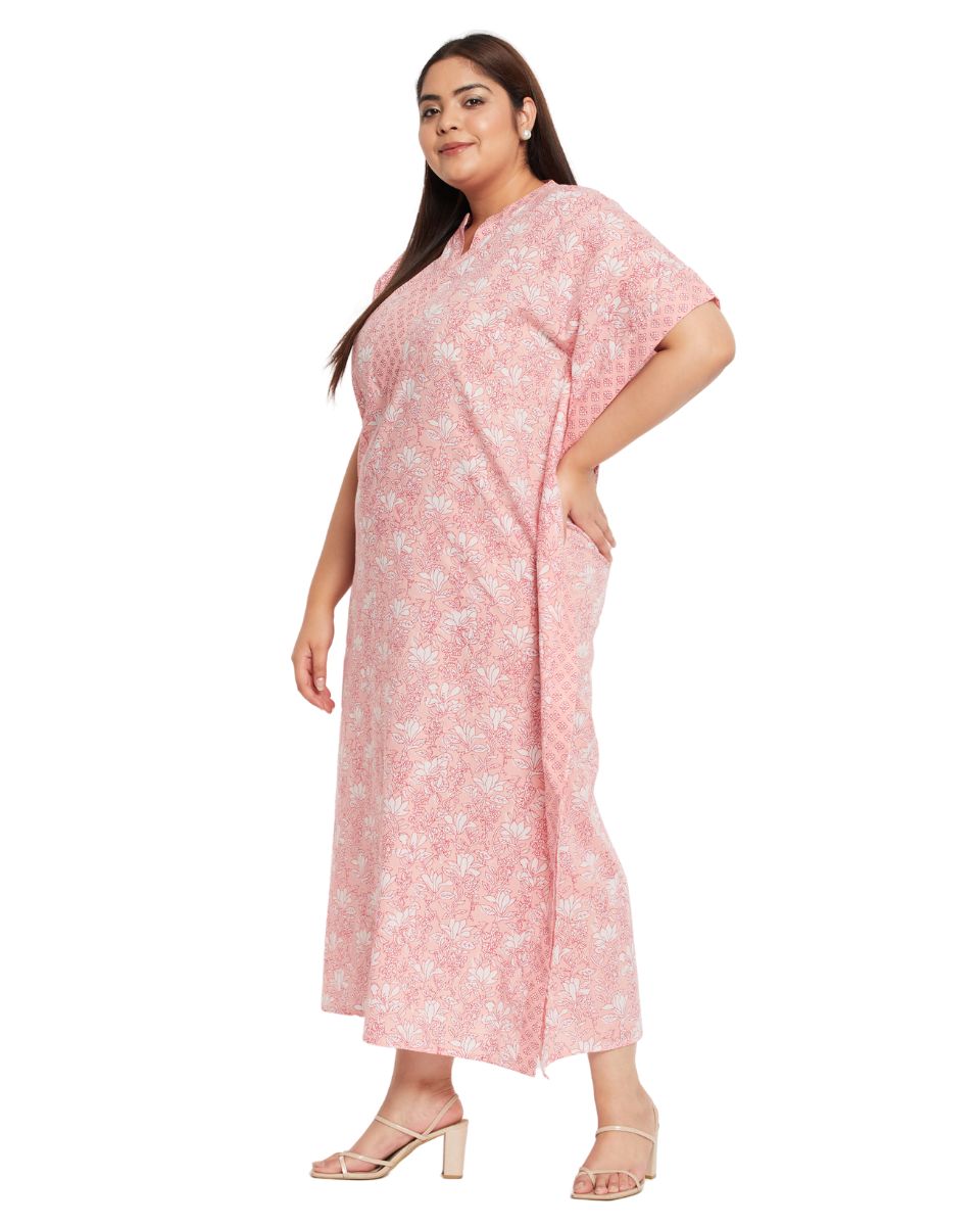 Floral Printed Pink Cotton Border Kaftan Plus Size Dress For Women