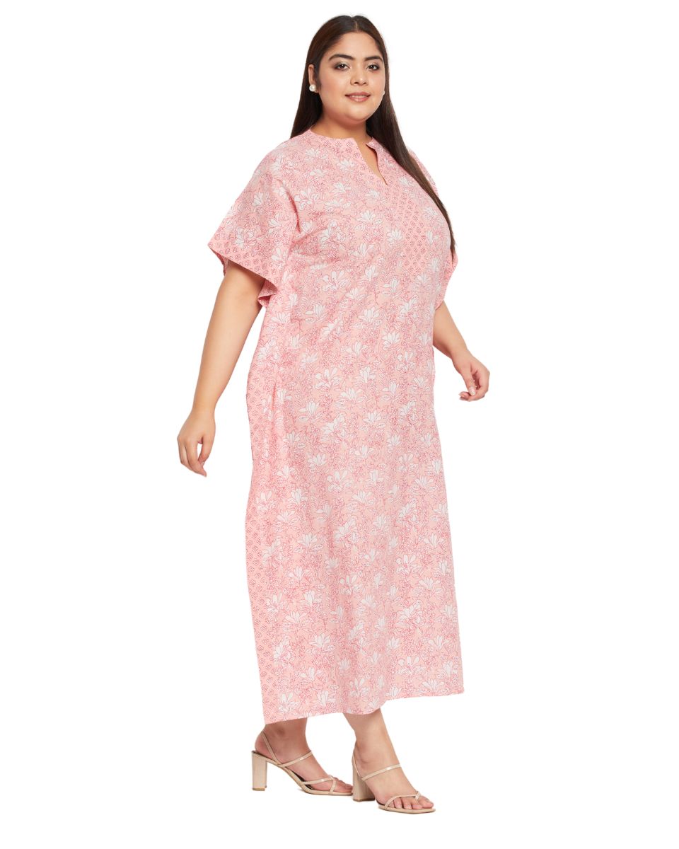 Floral Printed Pink Cotton Border Kaftan Plus Size Dress For Women