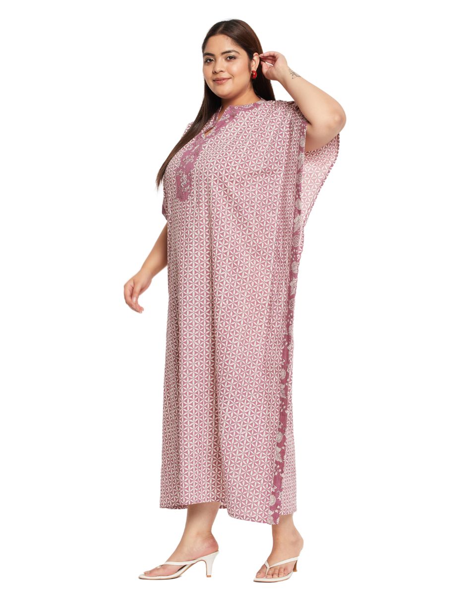 Floral Printed Rust Cotton Border Kaftan Plus Size Dress For Women