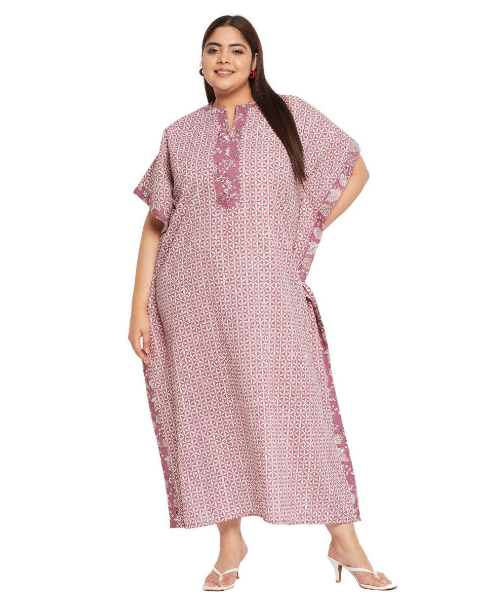 Floral Printed Rust Cotton Border Kaftan Plus Size Dress For Women