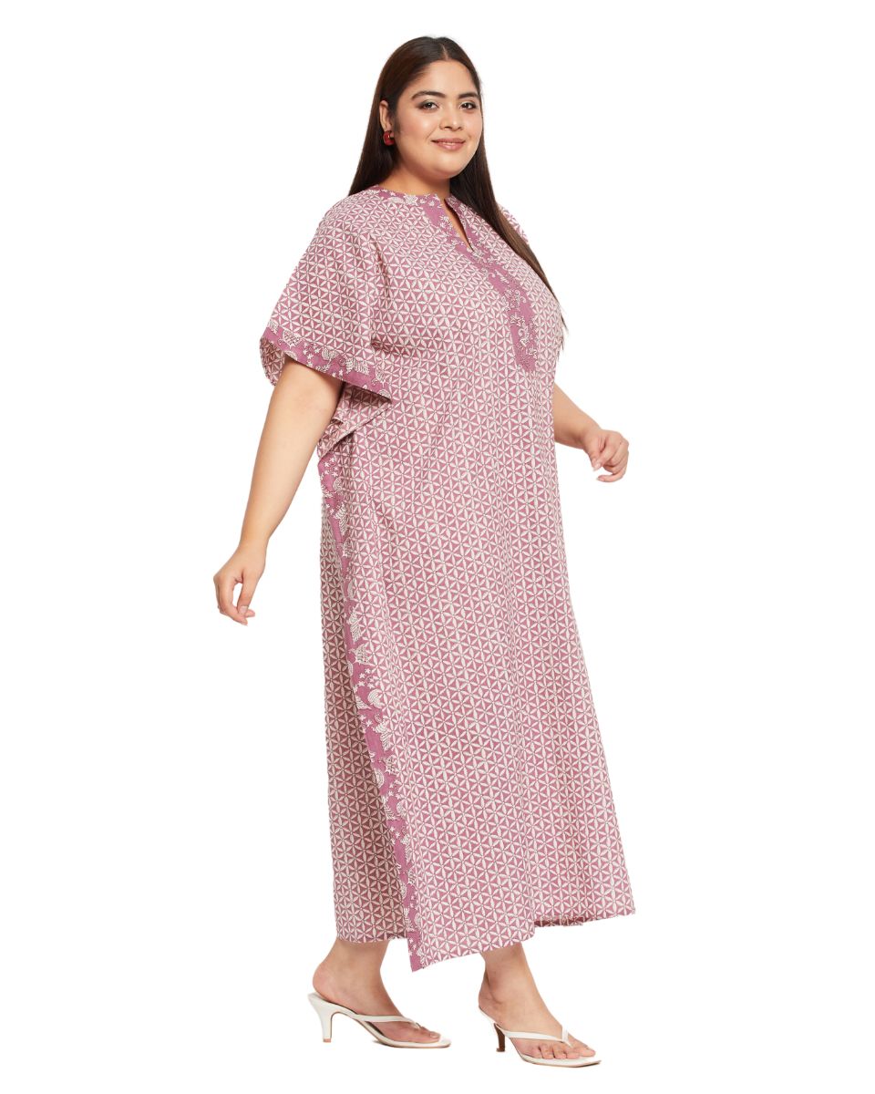 Floral Printed Rust Cotton Border Kaftan Plus Size Dress For Women