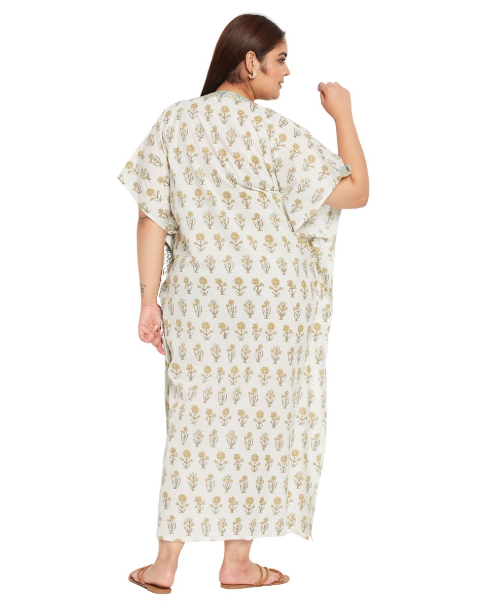 Floral Printed White Cotton Border Plus Size Kaftan Dress For Women