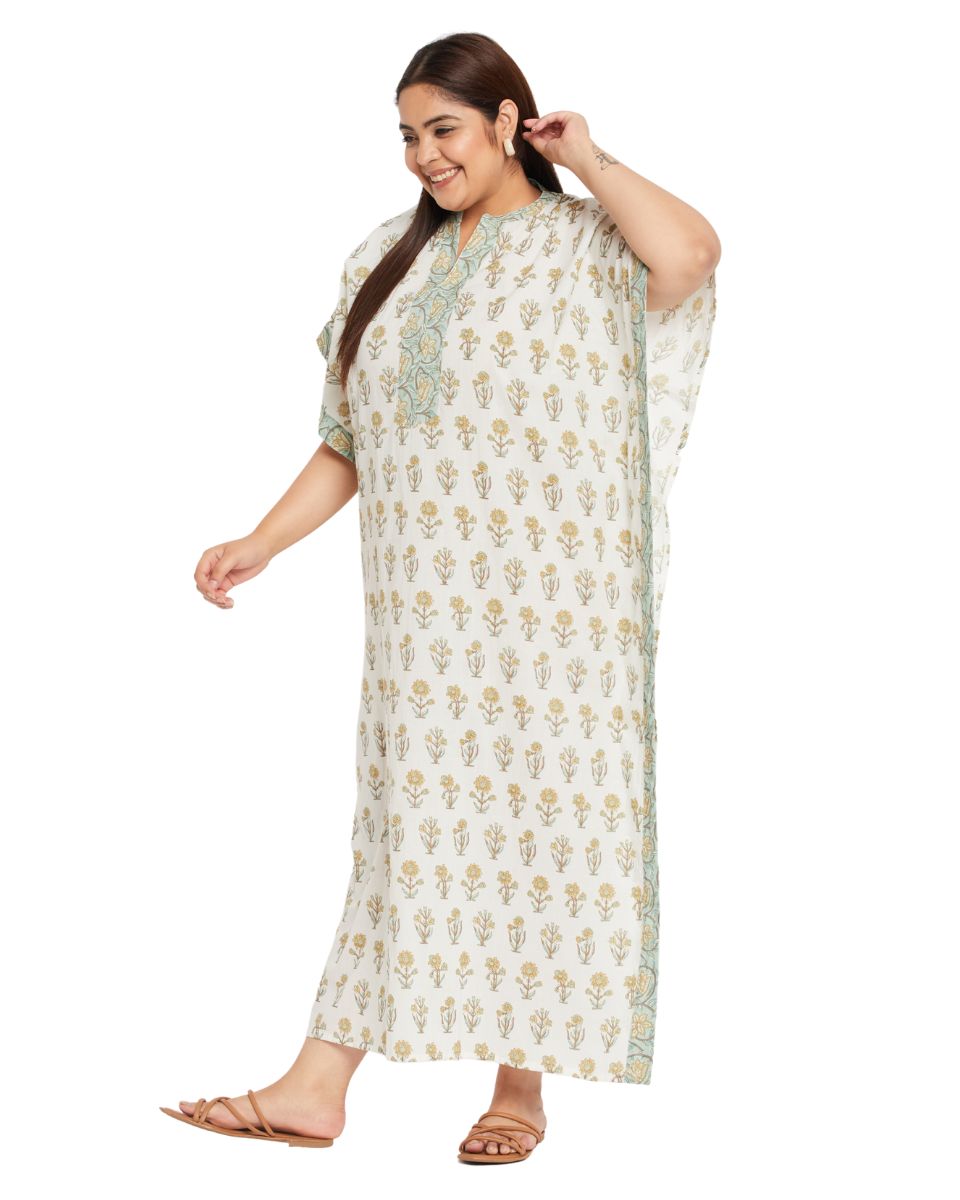 Floral Printed White Cotton Border Plus Size Kaftan Dress For Women