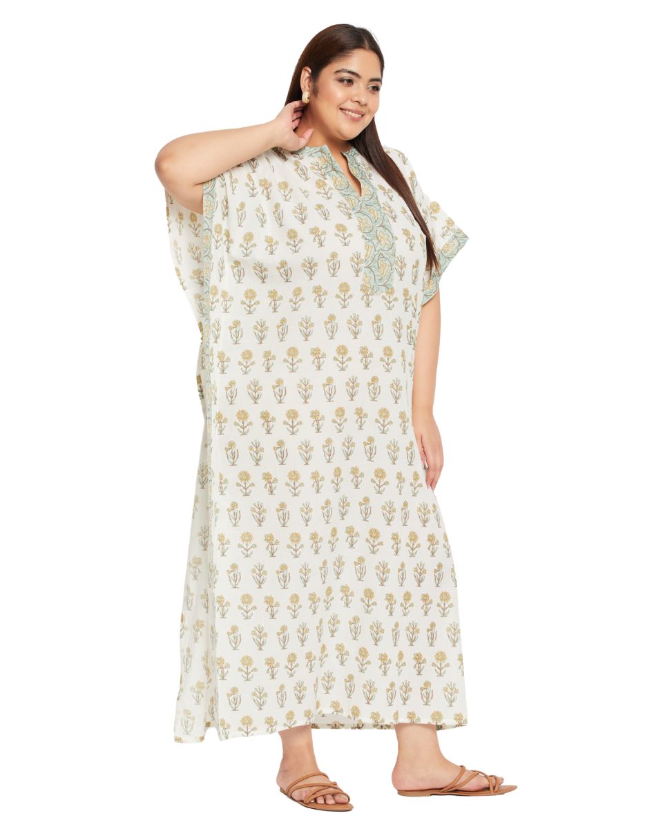 Floral Printed White Cotton Border Plus Size Kaftan Dress For Women