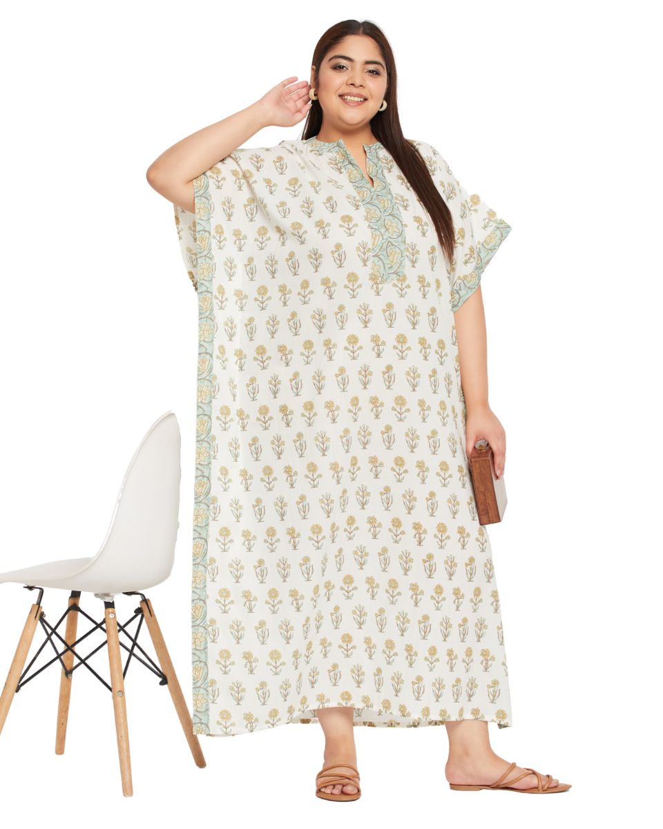 Floral Printed White Cotton Border Plus Size Kaftan Dress For Women