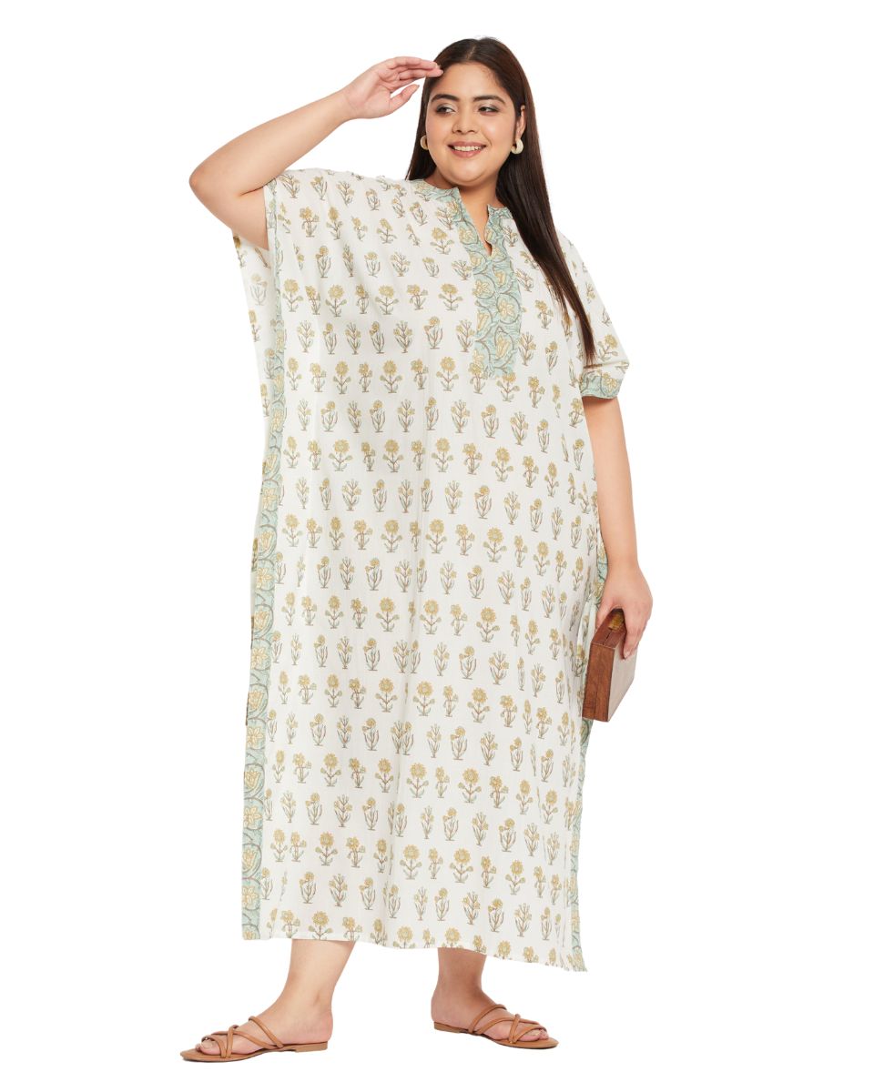 Floral Printed White Cotton Border Plus Size Kaftan Dress For Women