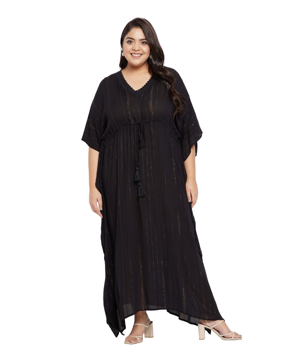 Solid Black Rayon With Lurex Stripes Kaftan For Plus Size Women