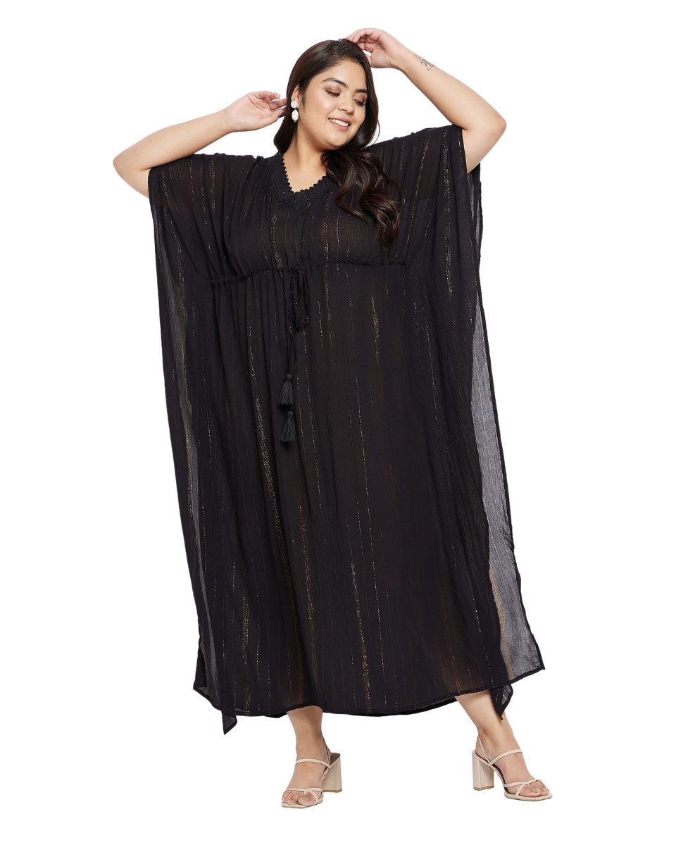 Solid Black Rayon With Lurex Stripes Kaftan For Plus Size Women