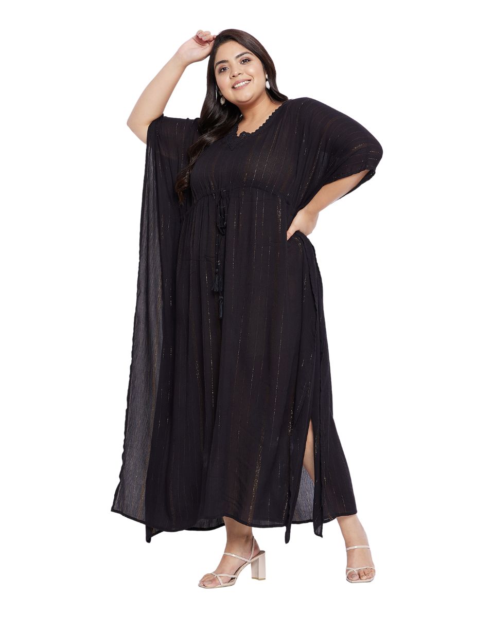 Solid Black Rayon With Lurex Stripes Kaftan For Plus Size Women