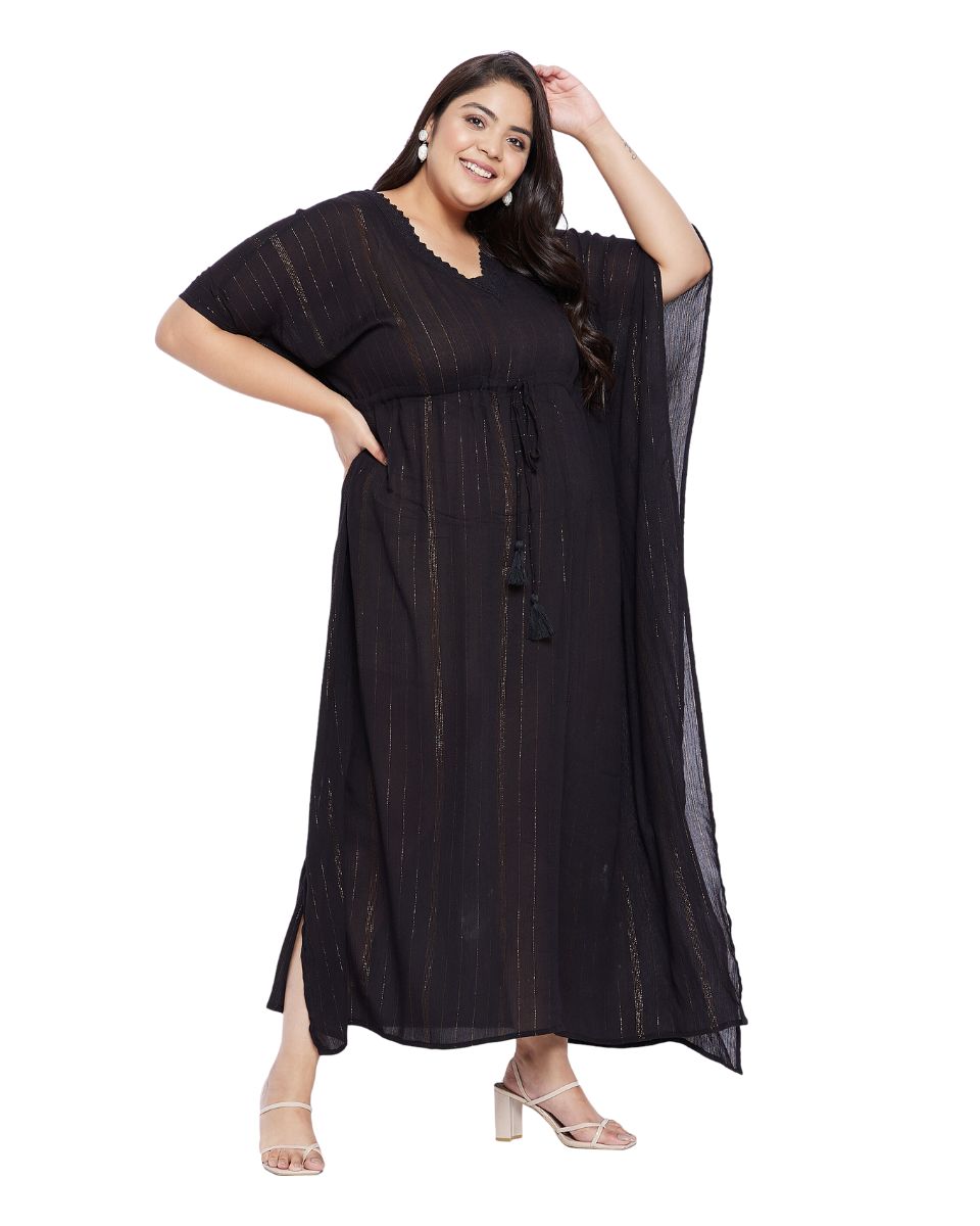 Solid Black Rayon With Lurex Stripes Kaftan For Plus Size Women