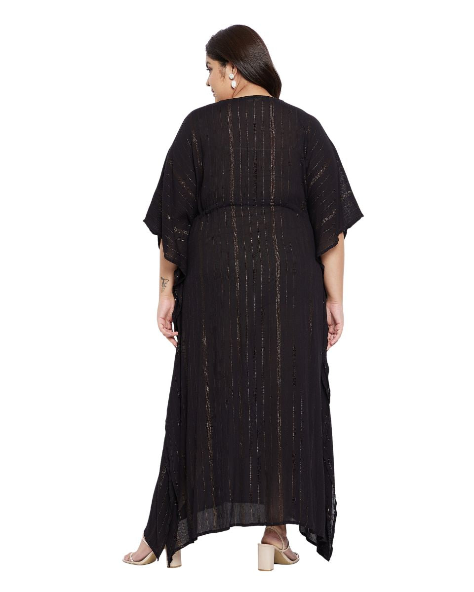 Solid Black Rayon With Lurex Stripes Kaftan For Plus Size Women