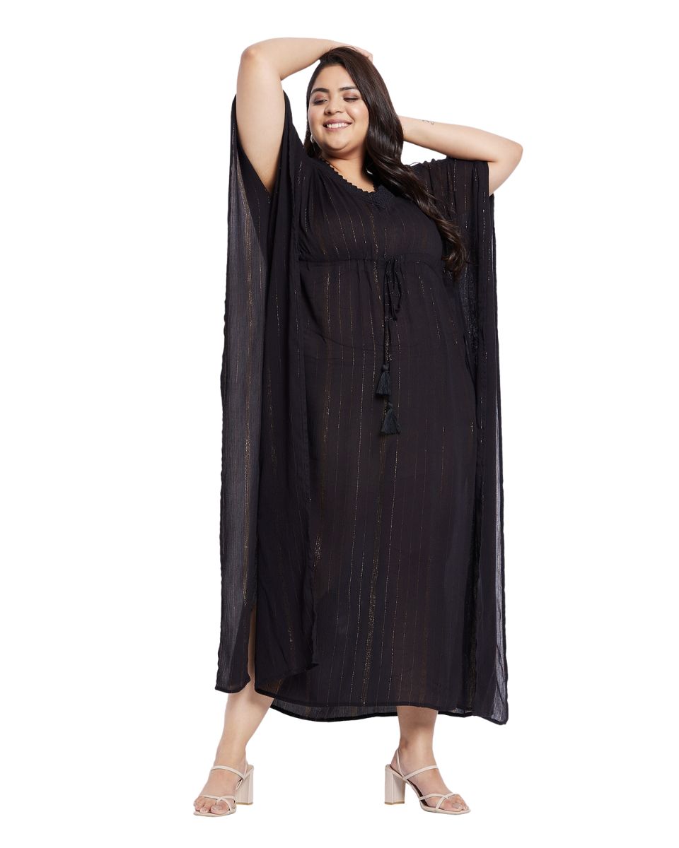 Solid Black Rayon With Lurex Stripes Kaftan For Plus Size Women